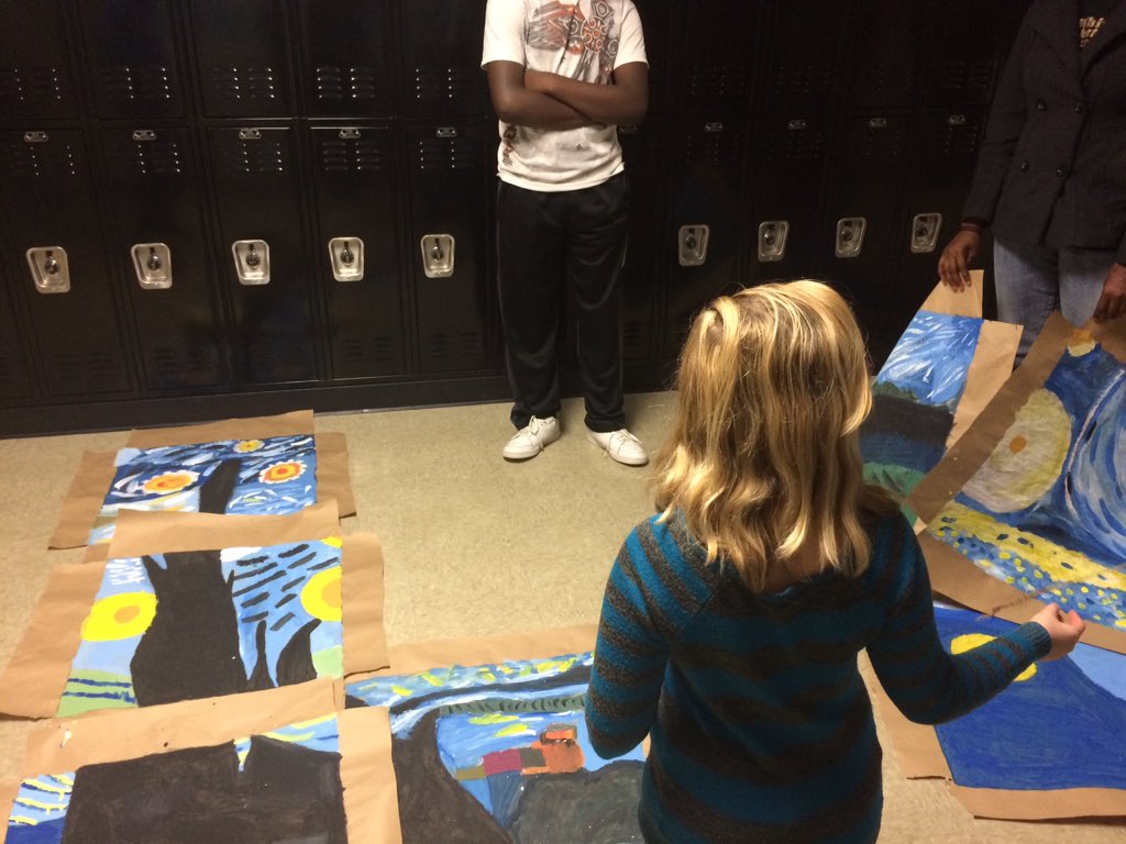 ms_yauger's tweet photo. My second round of 7th rotation chose to recreate Starry Night and installed their painting today #ACJHS #ACJHSArt https://t.co/bPUq0BDc3n