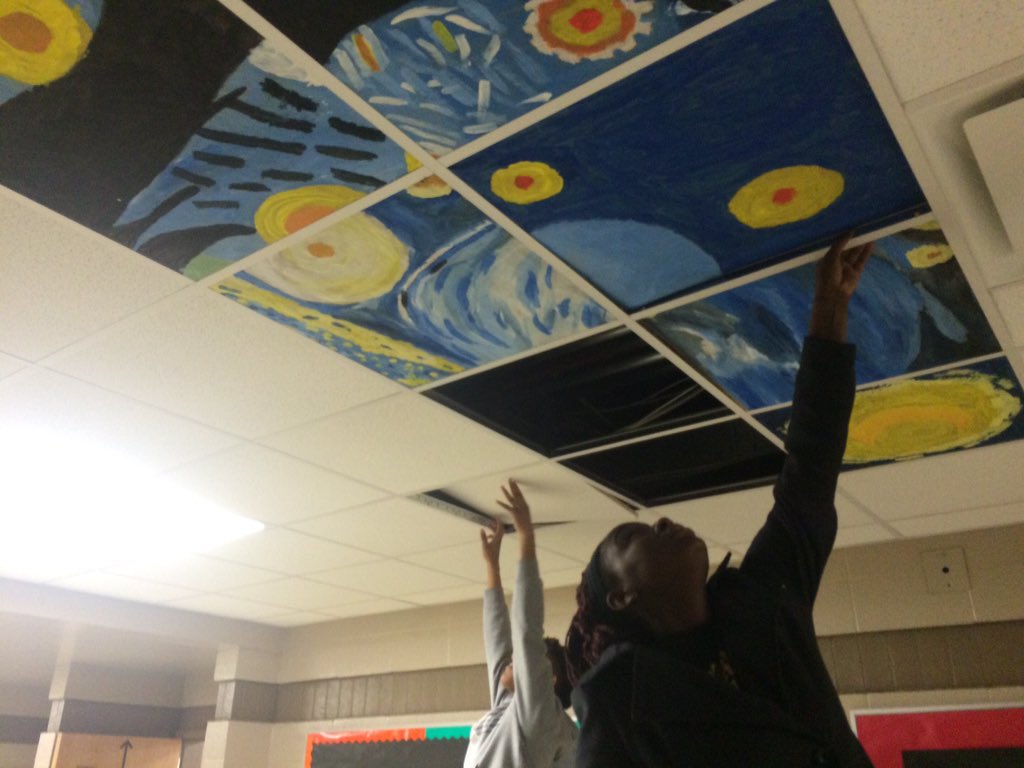 ms_yauger's tweet photo. My second round of 7th rotation chose to recreate Starry Night and installed their painting today #ACJHS #ACJHSArt https://t.co/bPUq0BDc3n