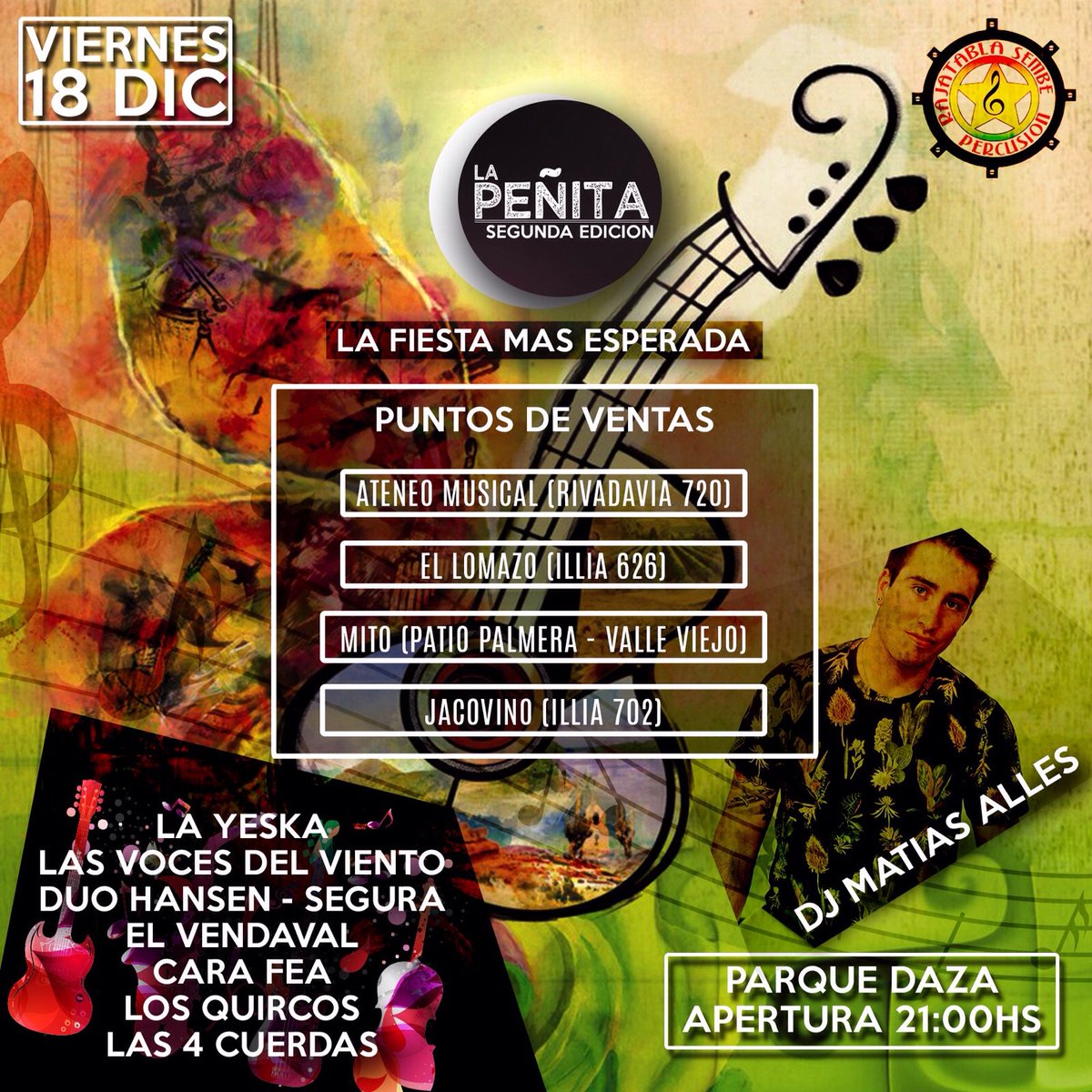 AgustinSastre's tweet photo. La Peñita
Viernes 18 Parque Daza.
Se viene un fiestonn, anticipadas con los puntos de venta y vendedores!! 🎉🎊 https://t.co/dV5LB3NOl8
