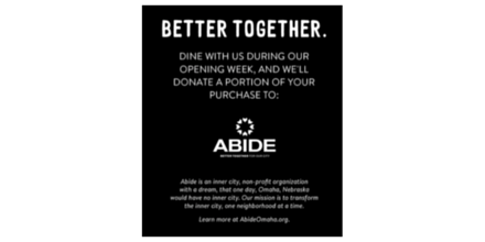 WestroadsMall's tweet image. Visit @flagshipcommons during opening week &amp;amp; part of your sale will go to @AbideOmaha! #flagshipcommons #foodhall