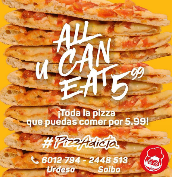 SinBrasierFM's tweet photo. HOY Toda la #Pizzadicta que puedas comer por $5.99
#AllYouCanEat . Comparte con la familia y amigos hasta las18h00. https://t.co/tlblA2T51X