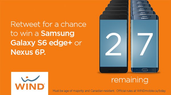 Let's keep it going! RT in the next 5 min &amp; you could #WIN a Samsung Galaxy #S6EdgePlus. #BirthdayGift #WINDmobile