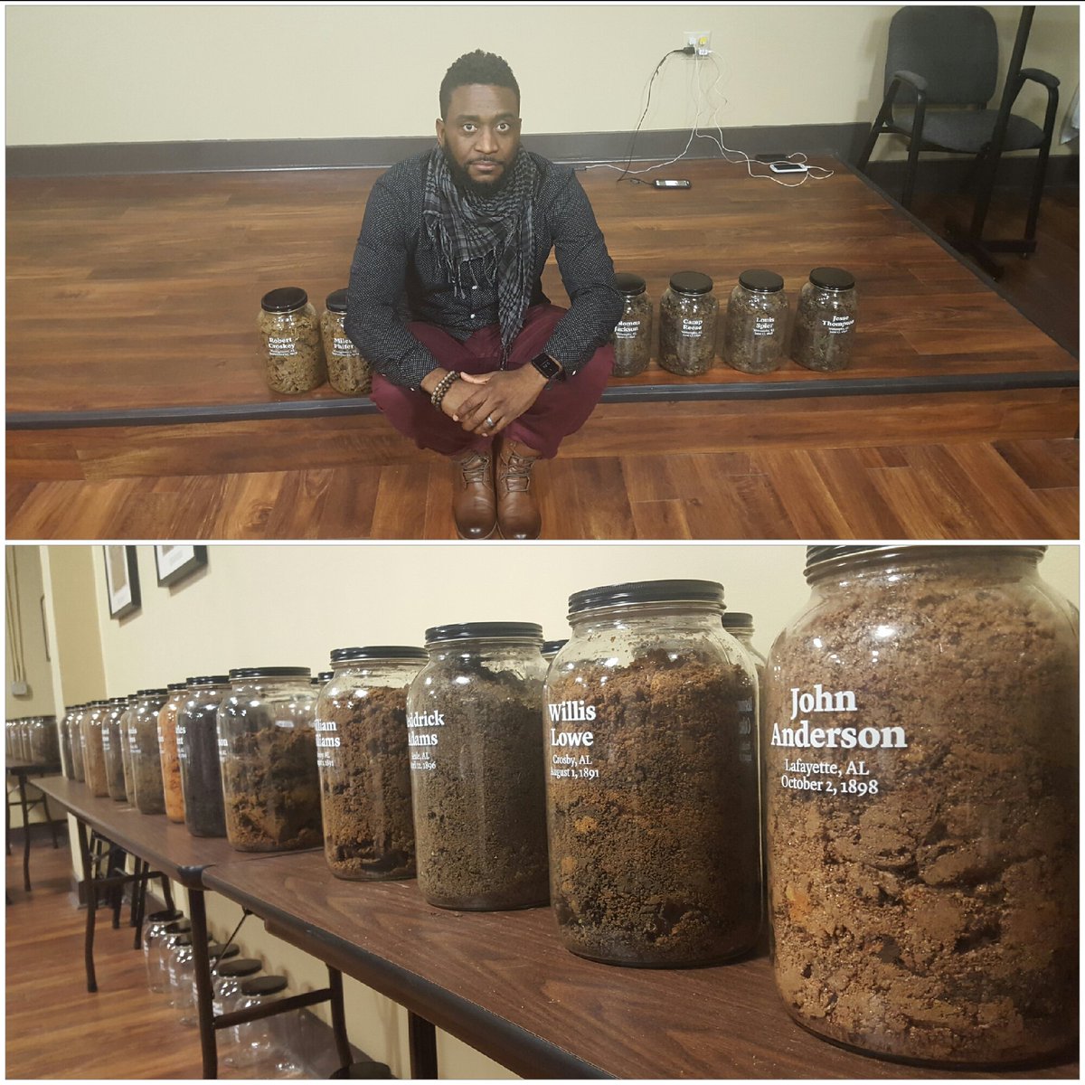 AmIshoBaraka's tweet photo. This is soil we dug from lynching sites in Alabama. These stories are being redeemed by Bryan Stevenson &amp; @eji_org https://t.co/jdmDNqmFya