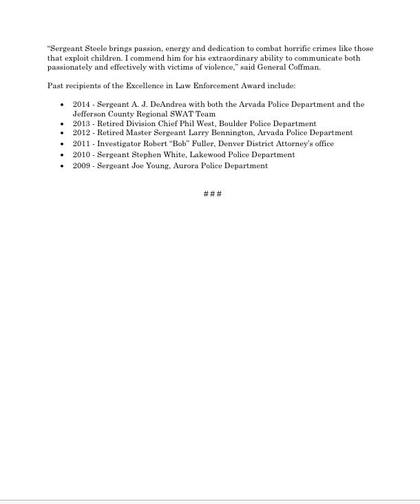 COAttnyGeneral's tweet image. #CoAG Coffman honors those who serve as Co peace officers by presenting 2015 Excellence in Law Enforcement Award.