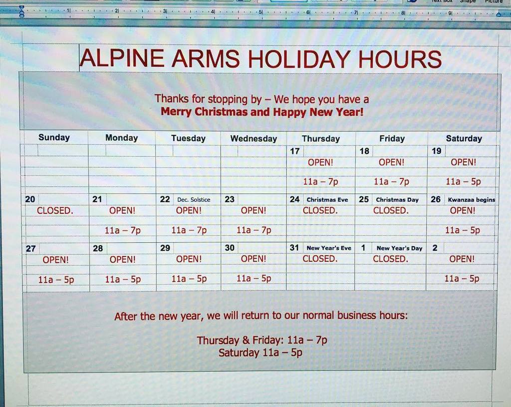 AlpineArms's tweet image. Modified store hours for the #holidays Swing in and #getsome #merrychristmas #happynewyear… ift.tt/1moDlgo