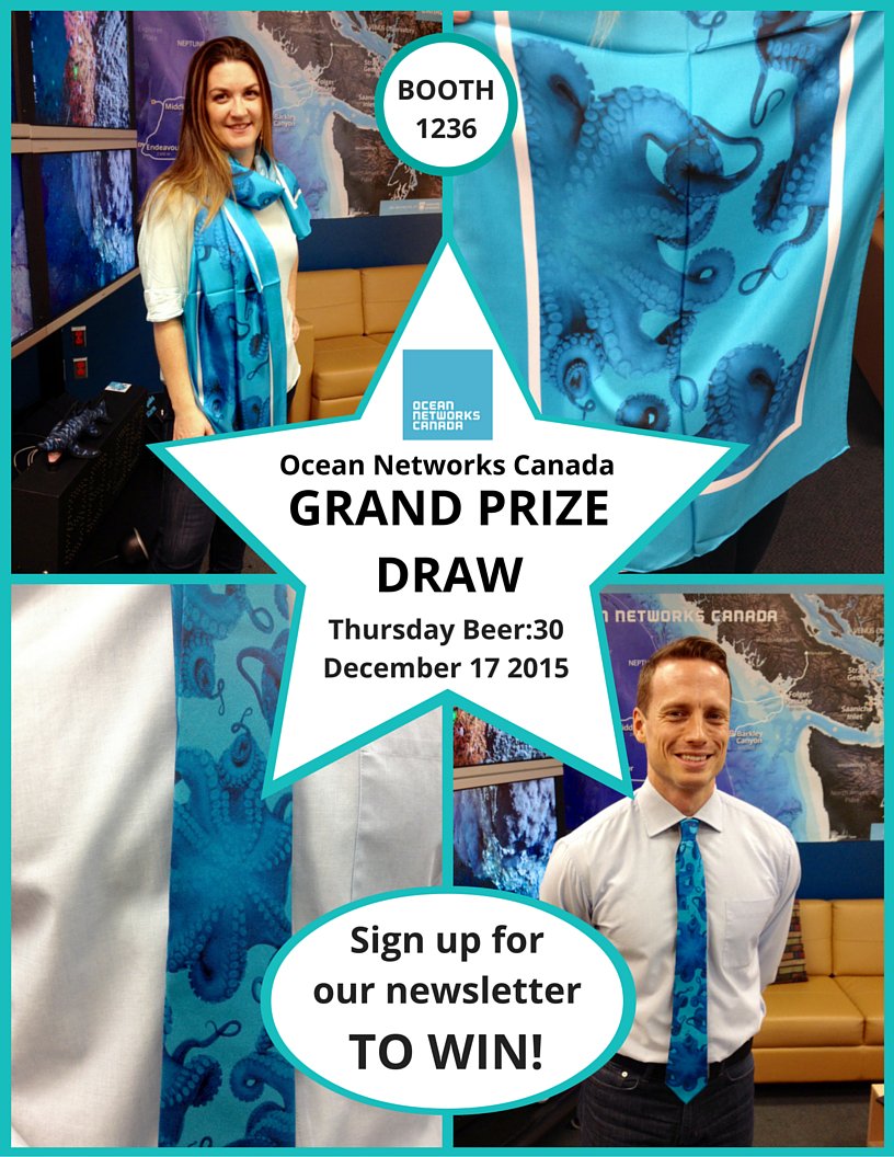 Ocean_Networks's tweet image. Sign up for our Grand Prize: #OceanNetworks #octopus silk scarf &amp;amp; tie! Draw on Thursday Beer:30 Booth 1236 #AGU15
