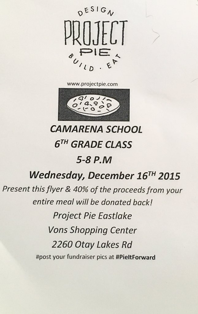 CamSix415's tweet photo. Please pick up a flyer from one of our Ss for our fundraiser tonight. #camlearns @projectpie off Otay Lakes Rd. https://t.co/IKhOIBlRFo