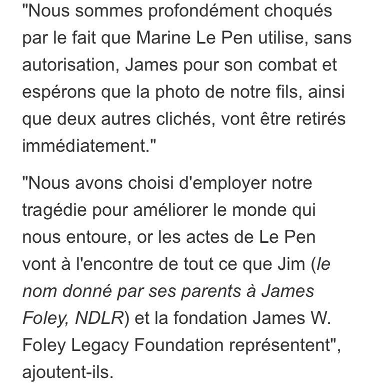 SophiaAram's tweet photo. Lire la réaction des parents de James Foley et pleurer devant l'indignité crasse de Marine Le Pen  @MLP_officiel https://t.co/4m3kyTsMFF