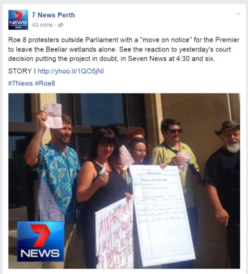 RethinkTheLink's tweet photo. Roe 8 protesters issue @ColinBarnett a "move on notice"  to leave the Beeliar wetlands alone. #wapol #noroe8 https://t.co/FBtgT0NDxo