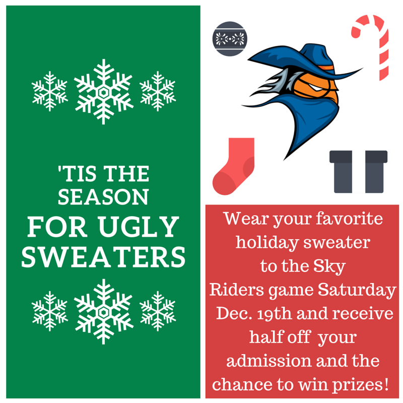 TexasSkyRiders's tweet photo. Wear your Ugly Holiday Sweater to Saturday's #TexasSkyRiders #Basketball game and receive half off admission! https://t.co/NfbL3LDBQR