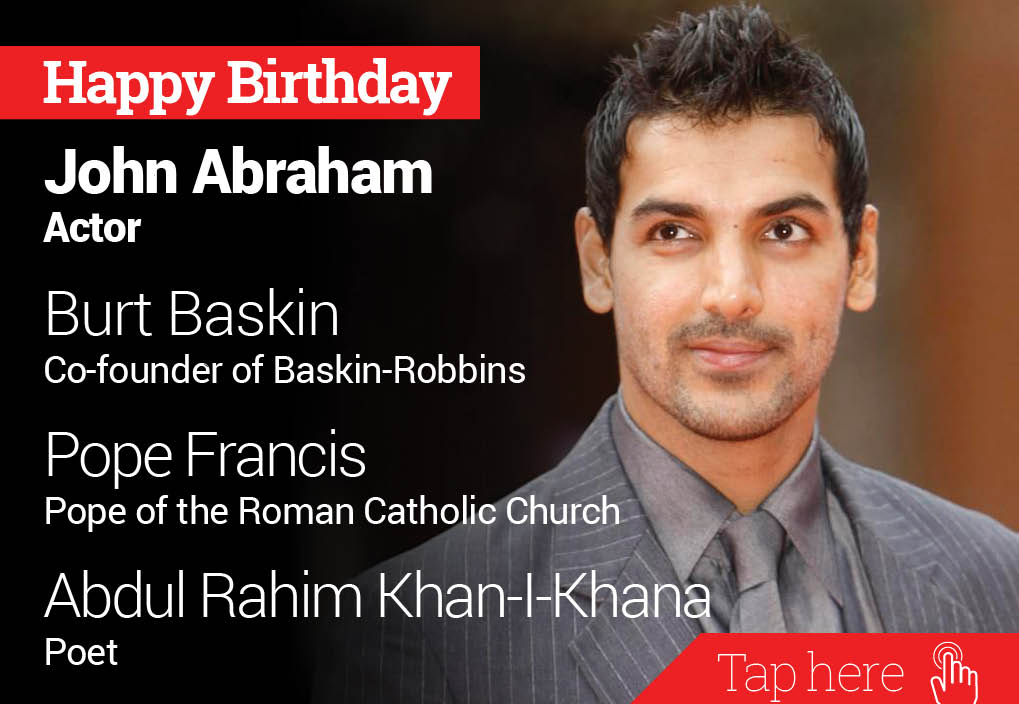 Happy Birthday John Abraham, Burt Baskin, Pope Francis, Abdul Rahim Khan-I-Khana 