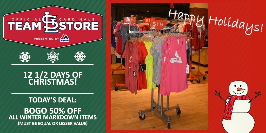 Cardinals's tweet photo. BOGO 50% OFF all winter markdowns today at the #BuschStadiumTeamStore! Open 9 a.m. to 1 p.m. https://t.co/dWhYIwvXks https://t.co/yfj5qI9jXr