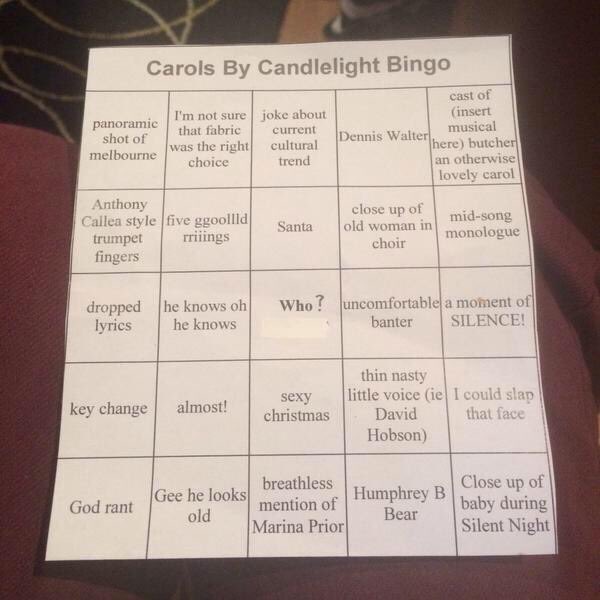 Karina_Melbs's tweet photo. #CarolsByCandlelight Bingo missing "watch winner of a TV talentshow kill Silent Night &amp; shatter it into 40 squeaks https://t.co/YdubswHqOl