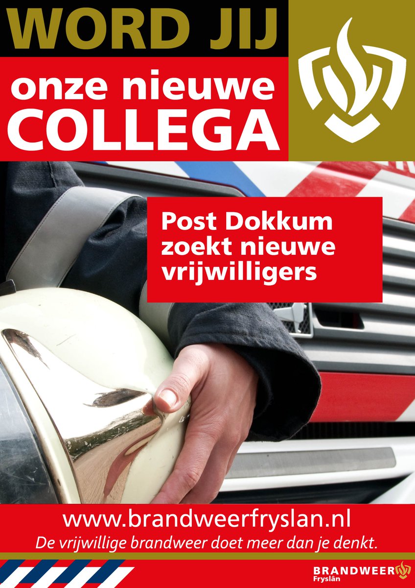 Post <a href="/BrandweerDokkum/">Brandweer Dokkum</a> zoekt nieuwe brandweervrijwilligers! Help ons met RT. Meer info: brandweer.nl/fryslan/organi…