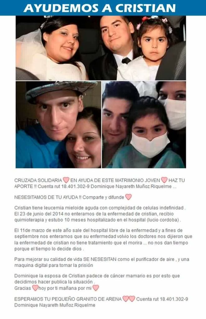 CeciLeivav's tweet photo. @leonardofarkas Ayudemos a este joven matrimonio a ver crecer a su pequeña, ambos con Cancer, un milagro de Navidad! https://t.co/qz2SlajYdA