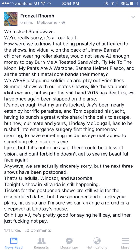 Dave2307's tweet photo. Frenzal Rhomb hits out at AJ.
#Soundwave #Eventopia https://t.co/jiDHZ4wAvZ