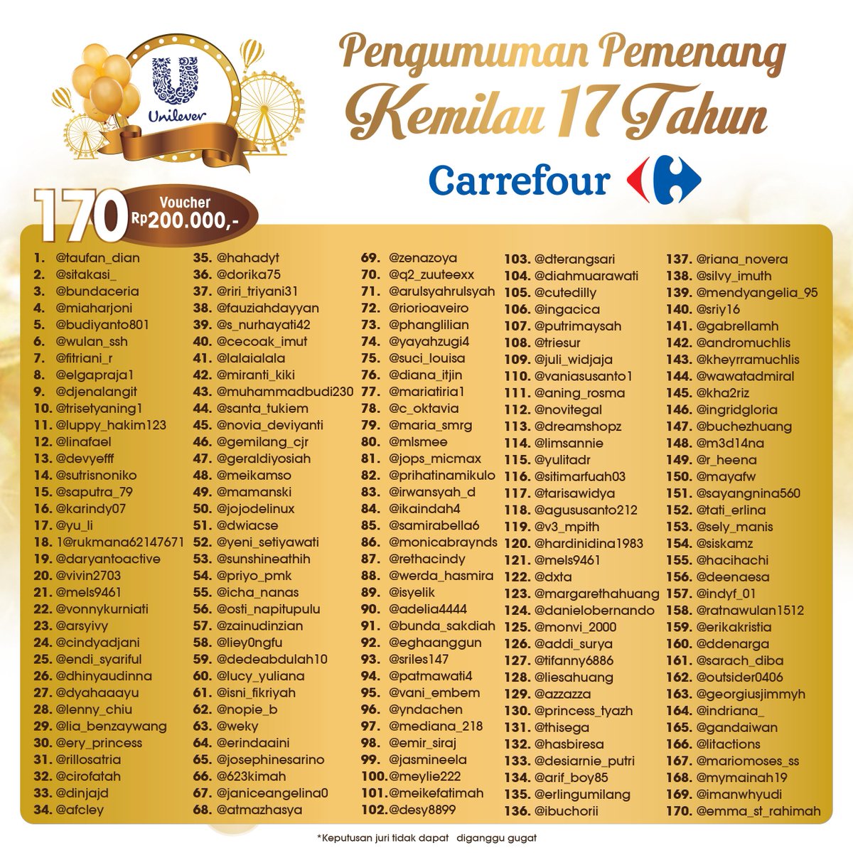 Transmart_IND's tweet photo. Selamat Kepada Pemenang Kemilau 17 Tahun Unilever!

*Pengumuman ini mutlak keputusan juri &amp; tdk dpt diganggu gugat https://t.co/kIOiBL9WkD