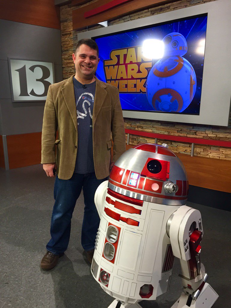 Alex King and R2-M5 Aka Rusty. Watch them on #WTHRSunrise #TheForceAwakens <a href="/R2M5Rusty/">R2-M5</a>