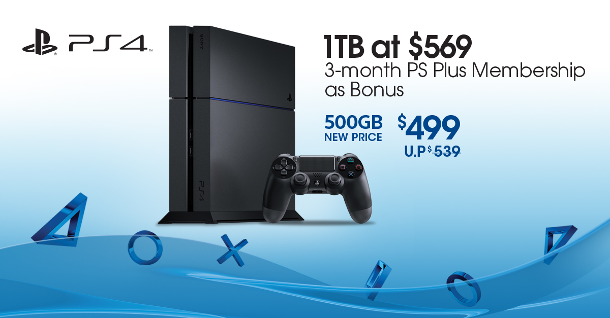 There's a new price in town for the PlayStation®4! Get the 1TB at S$569, or 500GB at S$499! bit.ly/1NUz26P