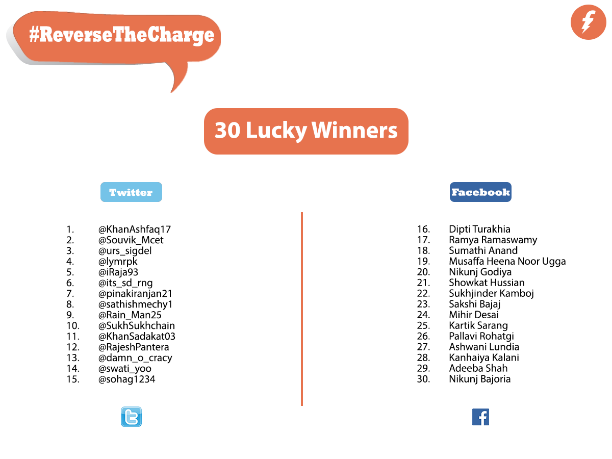 Freecharge's tweet image. Winners are here !!!!
Congratulation. 
Please DM us your details :)
#ReverseTheCharge