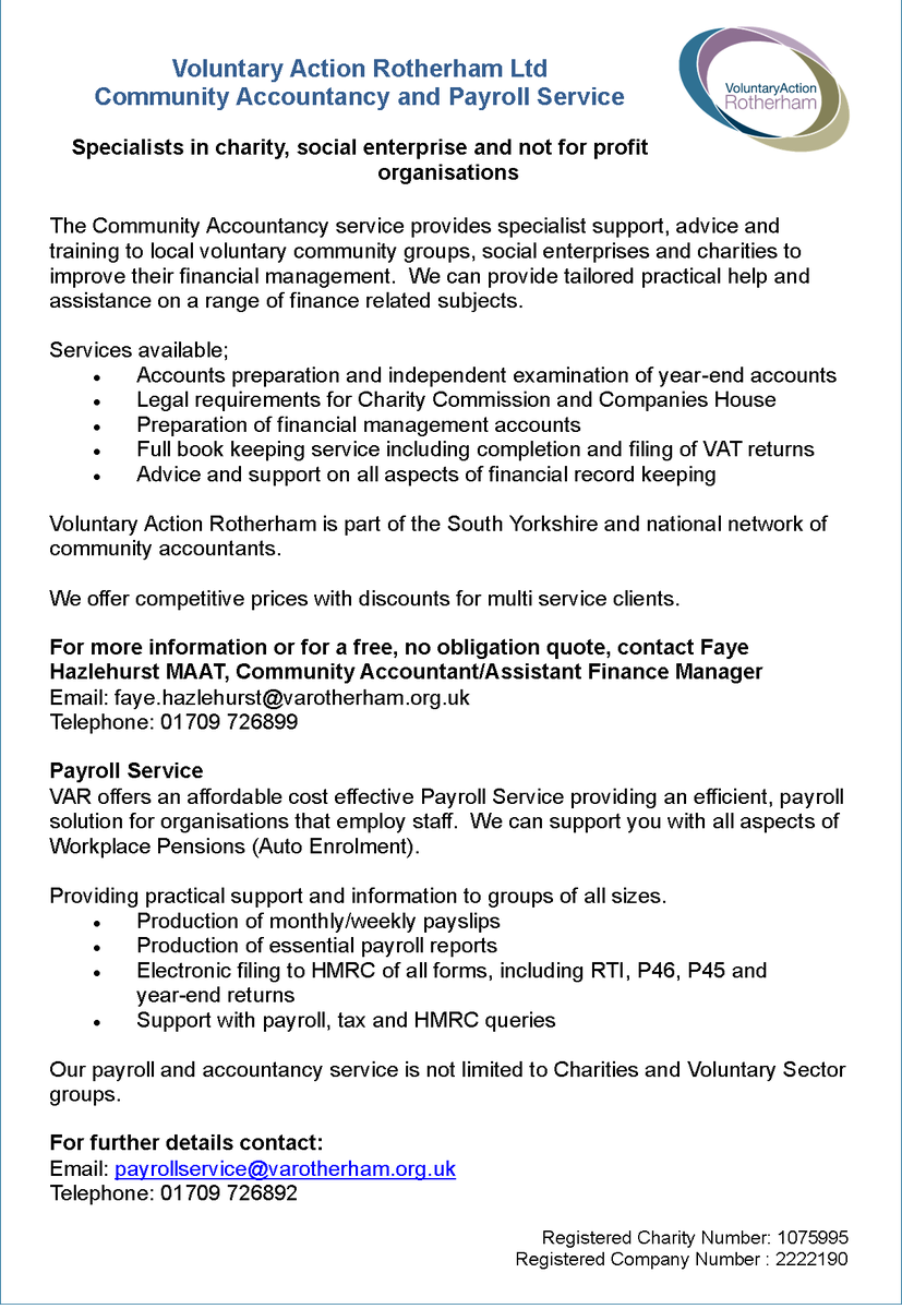 VARotherham's tweet photo. Looking for a community accountant or payroll service or both?
Why not give us a call for a competitive quote! https://t.co/yDtfGyMf6K