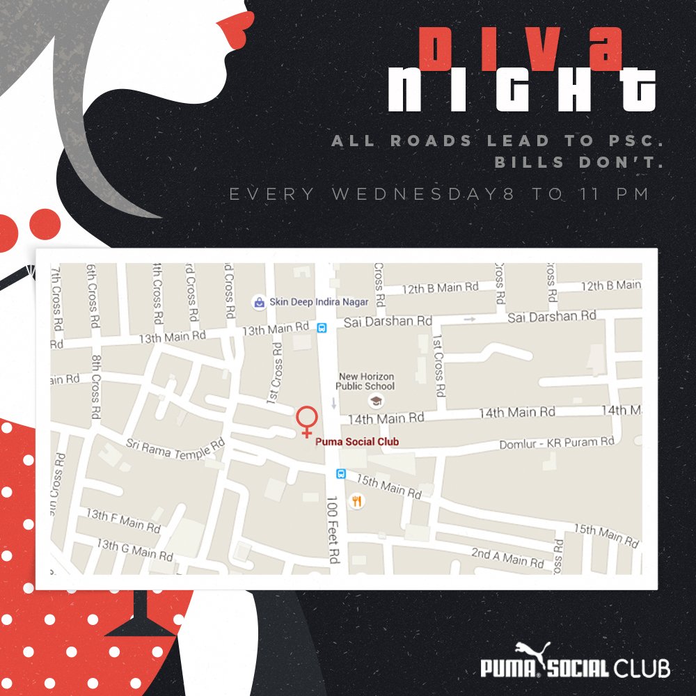 PUMASocialClub's tweet photo. Pinpointing the most happening place in Bengaluru. Ladies, 
drink all you desire at no cost - Wednesdays at PSC. https://t.co/xQUkPZL75X