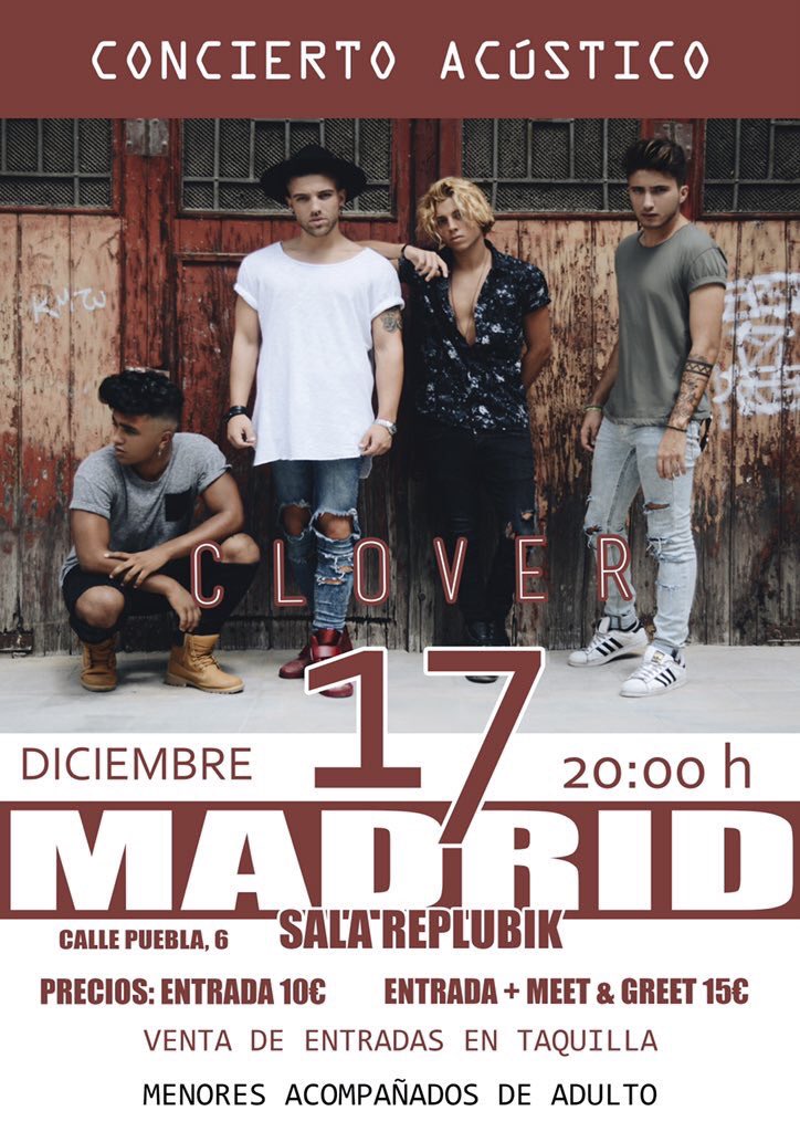 CFO_CloverSpain's tweet photo. A horas... Último concierto de la gira y de CLOVER en Madrid. 
Sala Republik - 20:00h 
Calle Puebla, 6 https://t.co/eRzs3FPNy8