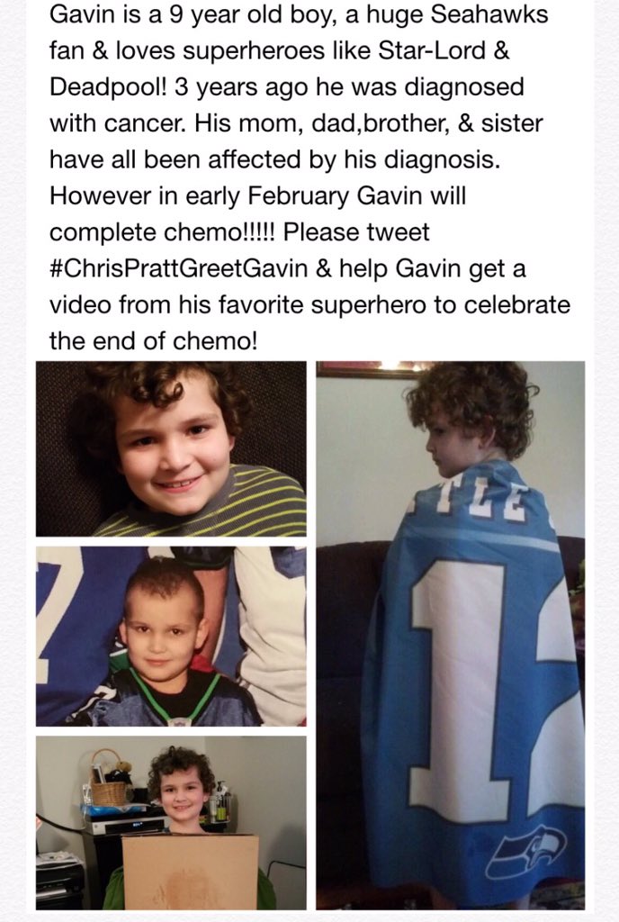 TeamHowe05's tweet photo. Please help get this going. We want @prattprattpratt to congratulate Gavin. Please post with #ChrisPrattGreetGavin https://t.co/Q9C9bixFAw