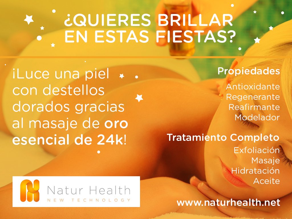 NaturHealthNet's tweet photo. ¿Quieres #brillar estas #fiestas? #Masaje de #oro esencial de 24K! #belleza #gold #massage https://t.co/3lNvq8uRQv