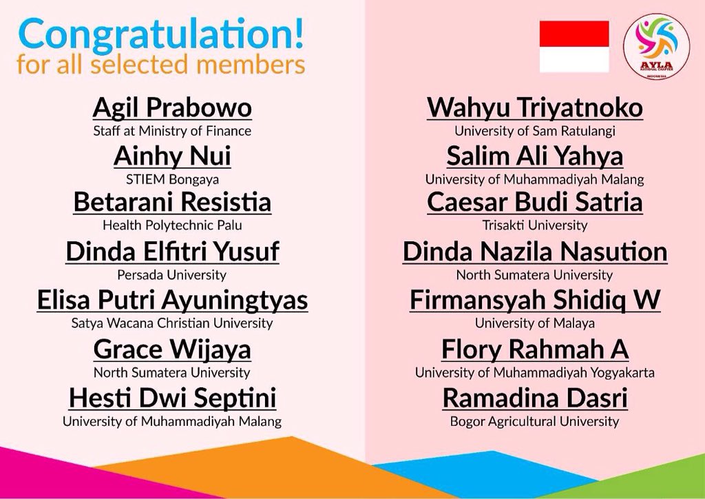 AYLA_Indo's tweet photo. Congratulation for who has been selected members AYLA-Indonesia https://t.co/PL6dGiTF52
