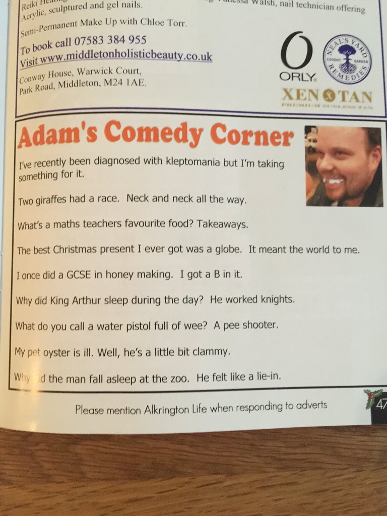 AdamAlkrington's tweet photo. Adam's Comedy Corner in this month's @AlkringtonLife. Bespoke jokes for all occasions. https://t.co/HbkzJEO6DX