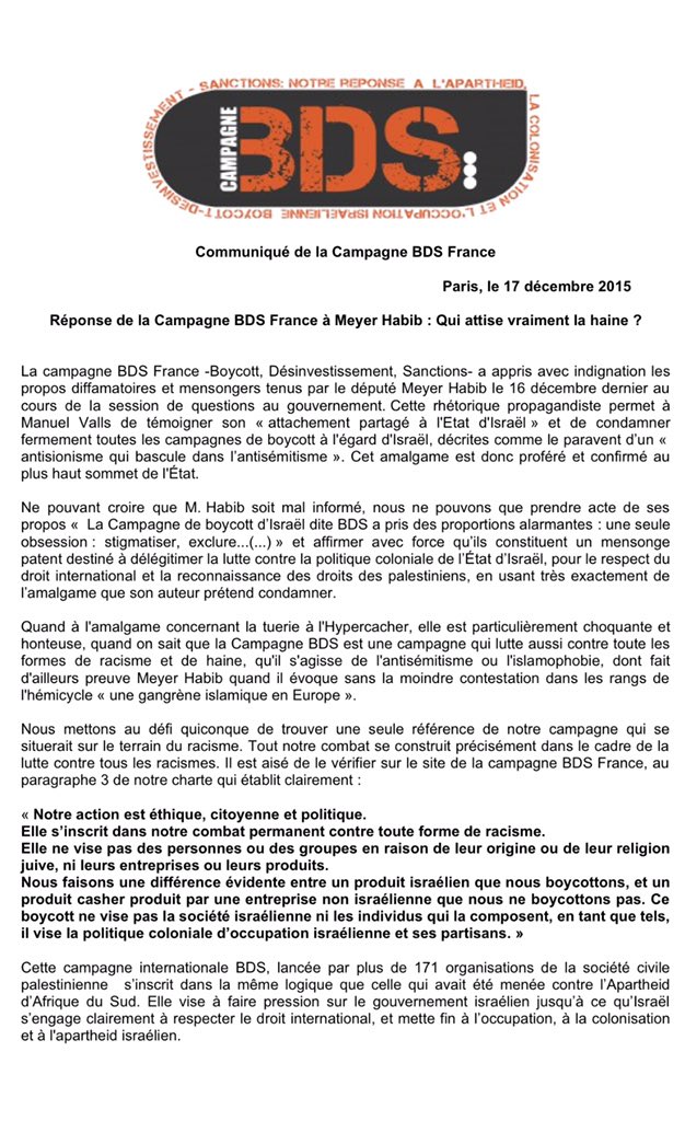 Campagnebds's tweet photo. Communiqué | Réponse de la Campagne BDS France à Meyer Habib : Qui attise vraiment la haine? https://t.co/yZ2imiDw2e https://t.co/bWJXadszDL