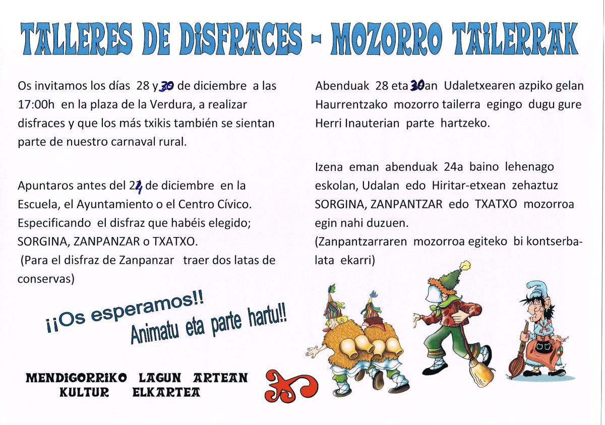 eMendigorria's tweet photo. Taller de disfraces, días 28 y 30 de diciembre en #Mendigorría. Prepara tu disfraz de carnaval del año próximo. https://t.co/vNyqzId7Gx
