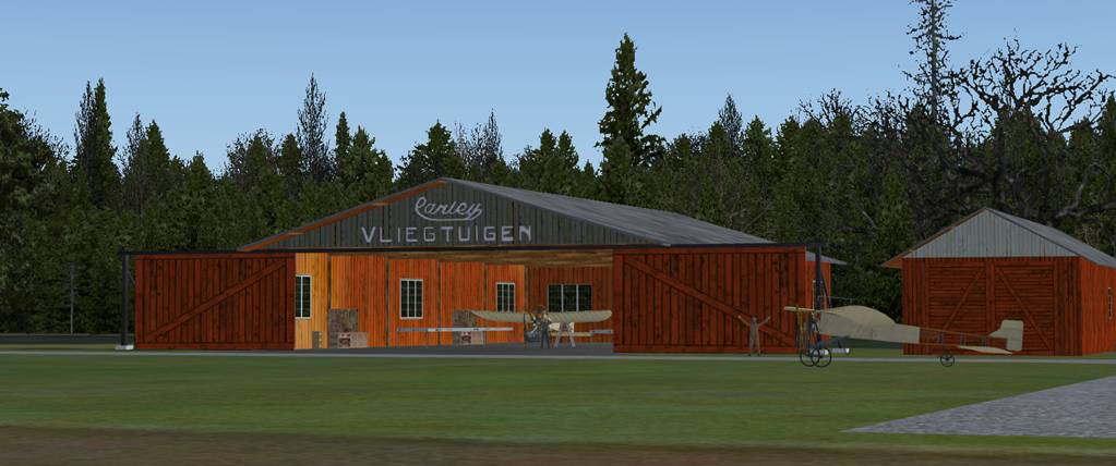 Vliegkamp Ede komt virtueel tot leven. Prachtig werk van het NL2000 team. Hier de grote hangar met vliegtuigen.