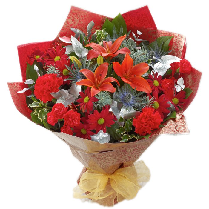 RealFloristsUK's tweet image. Check out this #stunning #christmas #floral #arrangement. Gorgeous red #lillies, #carnations and Silver #foliage