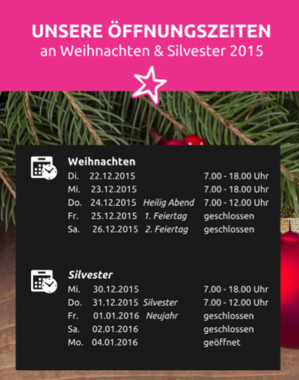 MF58DE's tweet photo. UNSERE ÖFFNUNGSZEITEN an Weihnachten &amp; Silvester 2015 #Weihnachten #metzgerei #weihnachtsgeschenke https://t.co/mcwT5ajMOm