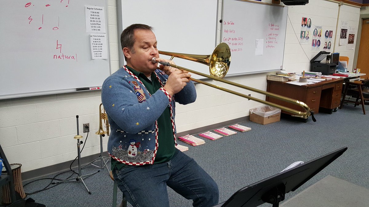 MrsHeitzBand's tweet photo. It's ugly sweater day @Central_Tigers!! Looks good @MrHeitzBand!! #marvelous #bandnerds https://t.co/PbAKXLKAzS