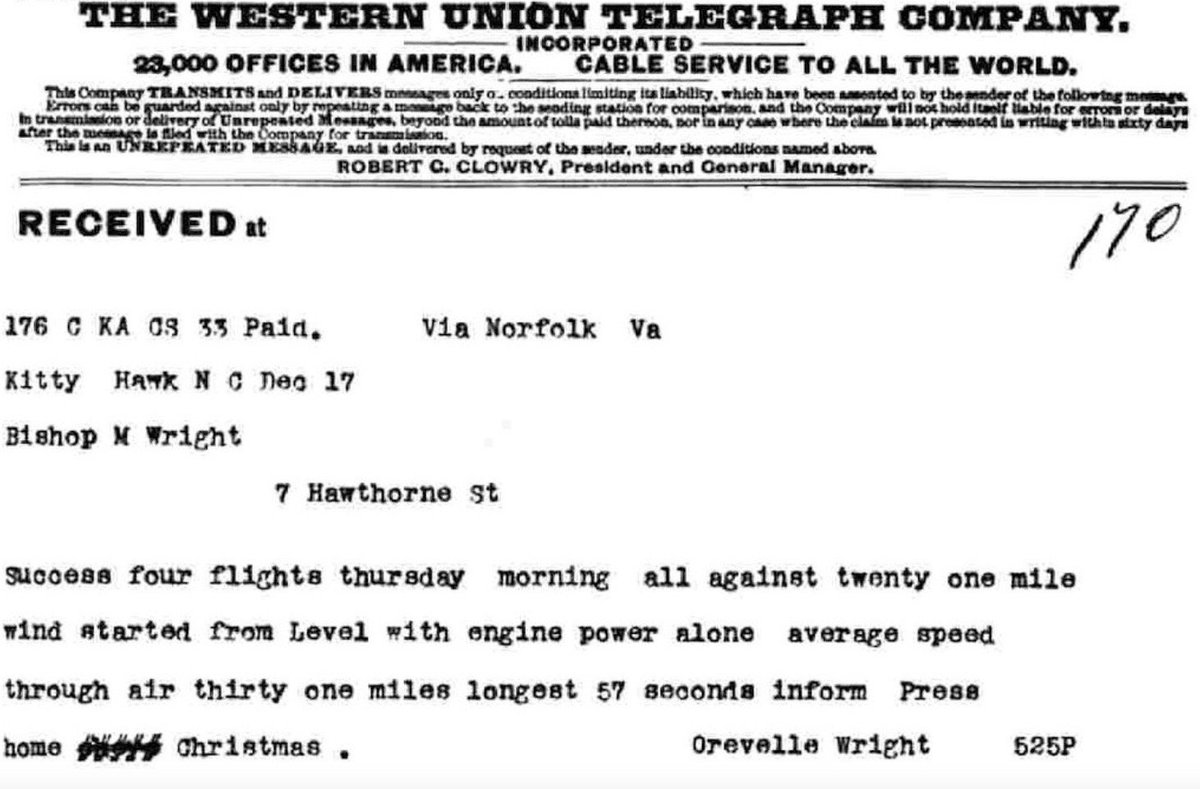 BeschlossDC's tweet image. Orville Wright's telegram to his father about flights at Kitty Hawk, today 1903: