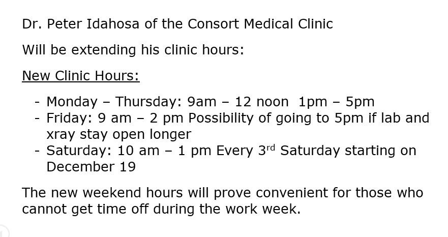 Extended hours are now being offered at the Consort Medical Clinic! @RuralPhysicians @ConsortAB