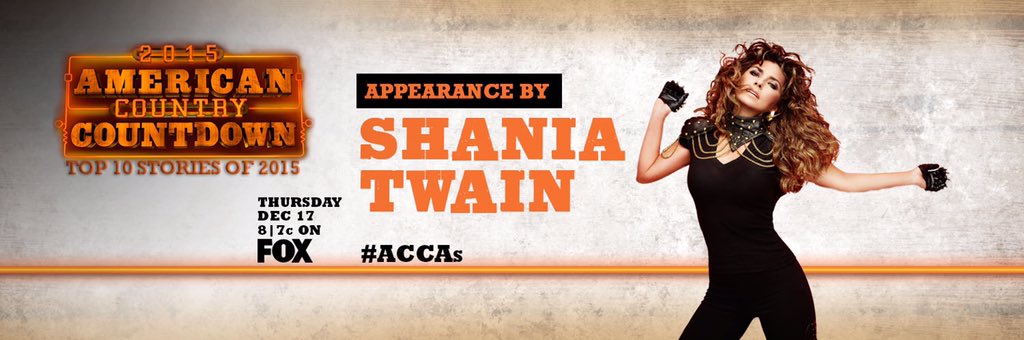 ShaniaTwain's tweet photo. Loved that the #RockThisCountry Tour was part of the #ACCAs 'Top 10 Moments of 2015". Tune in tonight! https://t.co/V4ZIL5R0b8