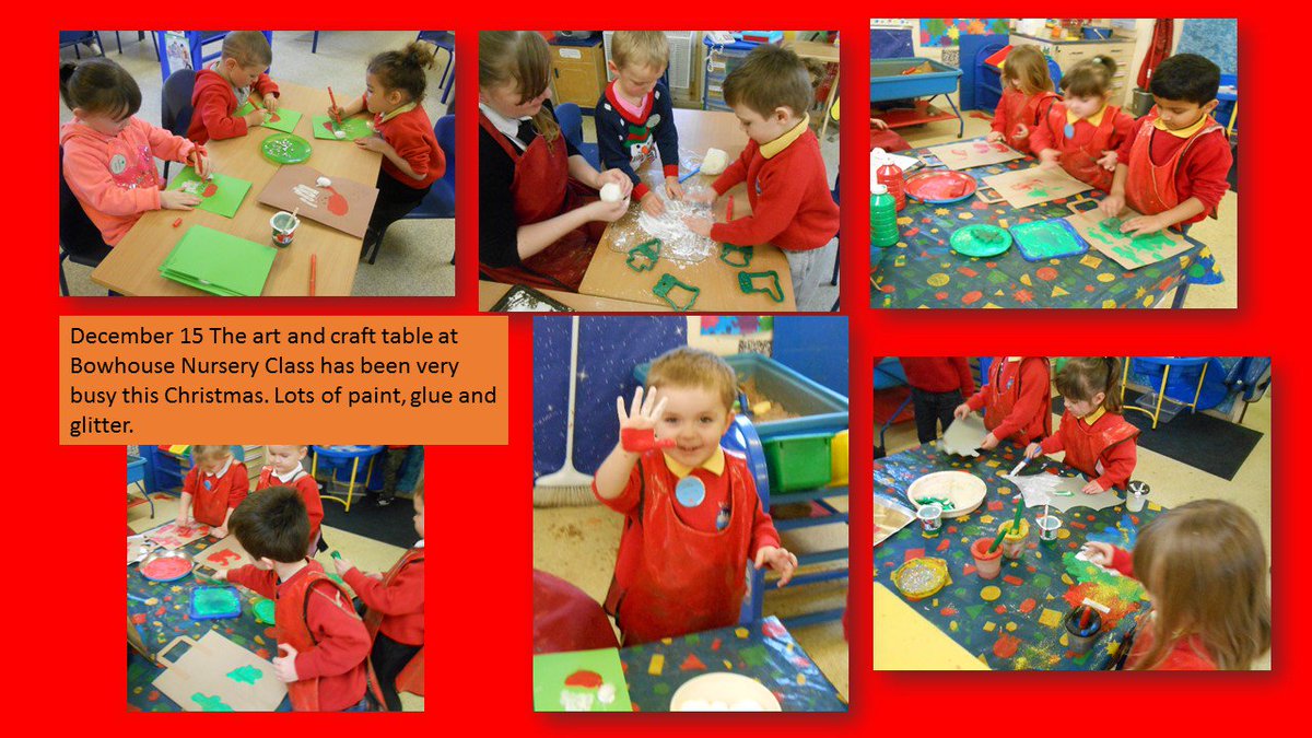 BowhouseBairns's tweet photo. The art and craft table at Bowhouse Nursery Class has been very busy this Christmas. Lots of paint, glue and glitter https://t.co/6l9h6x9H8V