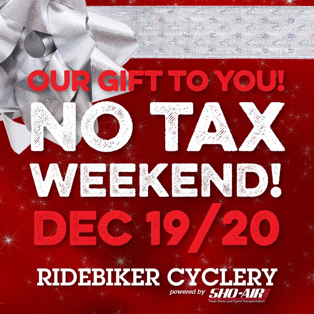 RB_Cyclery's tweet photo. Happy Holidays from all of us at Ridebiker Cyclery! Come in this weekend and enjoy the gift of NO TAX!!!! #ridebiker https://t.co/AHAFotM74f