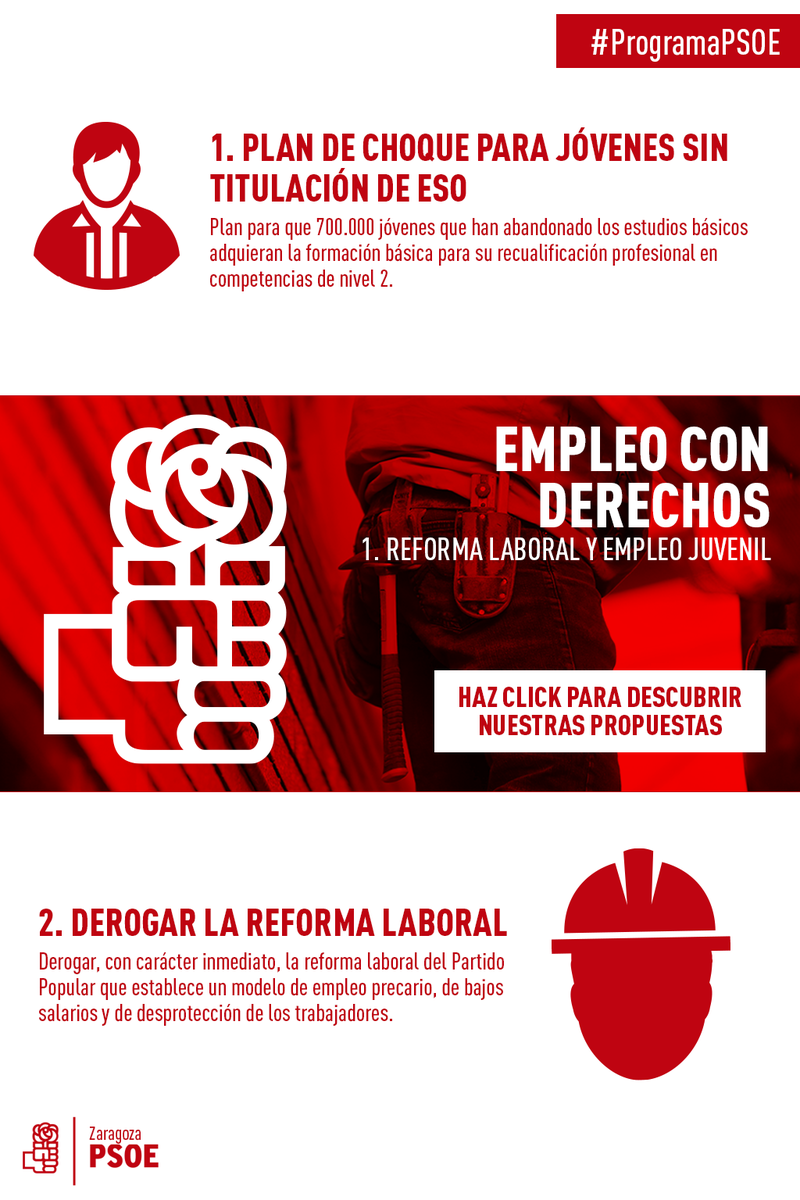 zaragozapsoe's tweet photo. #EmpleoConDerechos derogando la Reforma Laboral del @PPopular y apostando por el empleo juvenil #ProgramaPSOE #PSOE https://t.co/JiCZXPTjH8