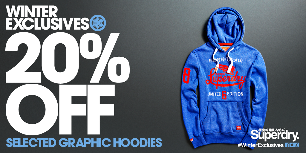Princesshay's tweet photo. @Superdry Winter Exclusives 
Today only; 20% off Selected Men's Graphic Hoods! #WinterExclusives https://t.co/V3aCk7b1x9