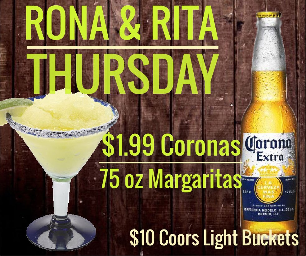 See you tonight! Farmington Rd.'s Thursday Specials are $1.99 Coronas and Margaritas, $10 Coors Light Buckets.