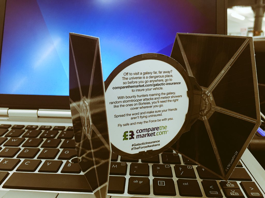 VCleland05's tweet photo. TIE-rrific... #GalacticInsurance #StarWars #StarWarsTheForceAwakens @comparethemkt https://t.co/PKGW8OAusd
