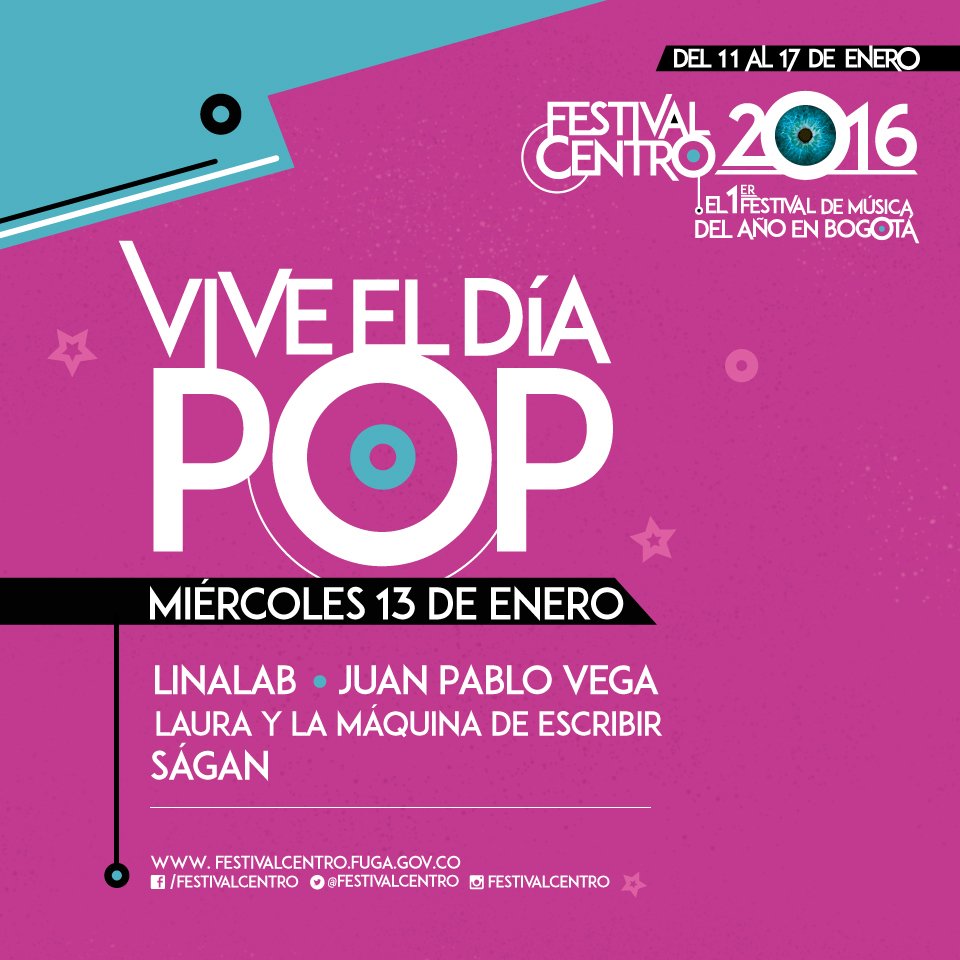 FUGABogota's tweet photo. #DíaPop #LinaLab #JuanPabloVega #LaurayLaMáquinaDeEscribir y #Sagan ¡qué buenos sonidos #VuelveATuCentro, enero 13! https://t.co/bIQGZe0JJt