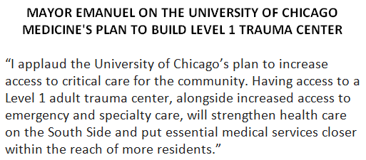 MayorRahm's tweet photo. I applaud @UChicagoMed's plan for a Level 1 adult trauma center. https://t.co/VyfW5BpuIH