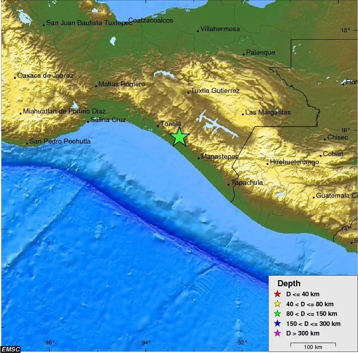 SismoMundial's tweet photo. [19:49UTC] ⚠#AHORA Fuerte Terremoto M6.5 en Chiapas -Mexico con una profundidad de 100 km. #temblor #EMSC https://t.co/x39zAkytP0