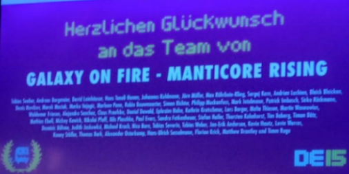galaxyonfire3's tweet photo. Wahoo! #ManticoreRISING just won the Deutscher Entwicklerpreis in the category "Best Technical Achievement"! #DEP15 https://t.co/fqpw3UUMwQ